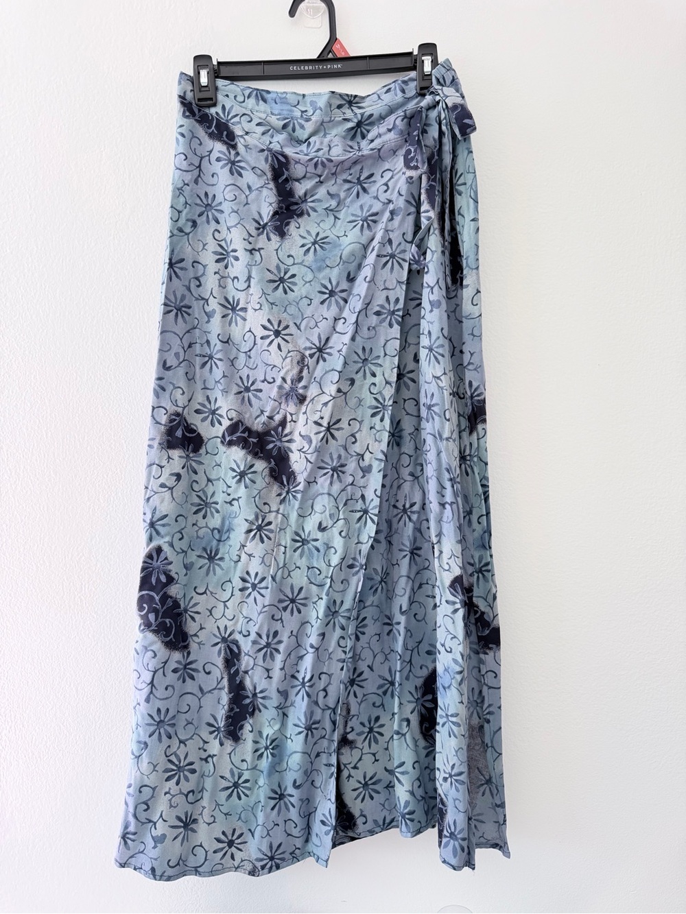 Vintage Melrose Maxi Wrap Skirt Womens L Blue Floral Rayon Boho 90s Made USA